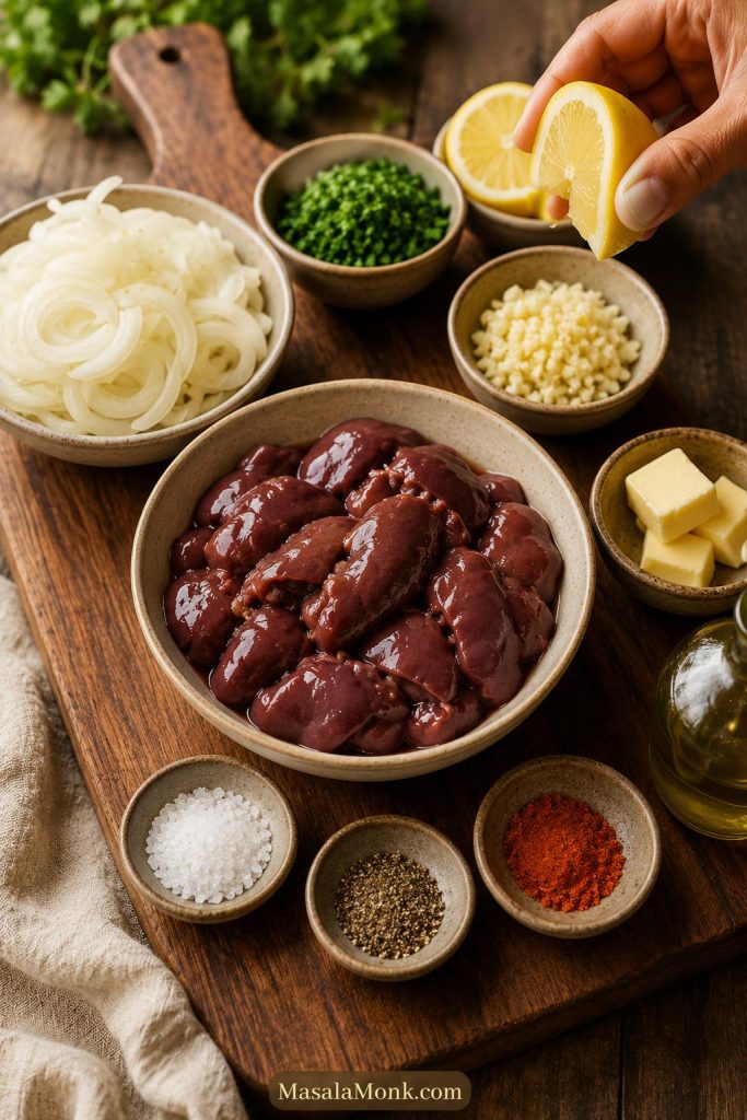 Chicken livers, sliced onions, garlic, lemon, herbs, butter, oil, salt, pepper, and paprika arranged on a wooden prep board.