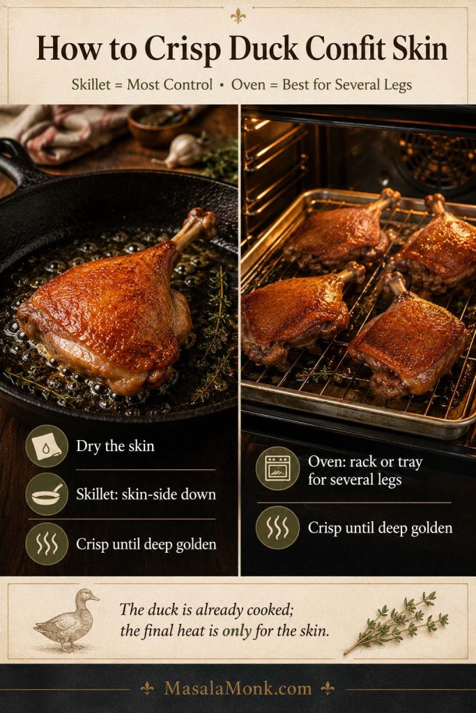 Duck confit crisping guide showing one leg in a skillet and several legs on a rack in the oven.
