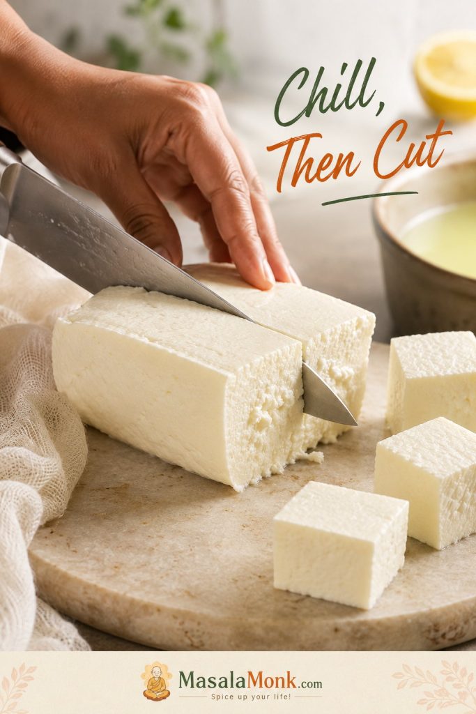 Pressed paneer block being cut into cubes with a sharp knife on a stone board.