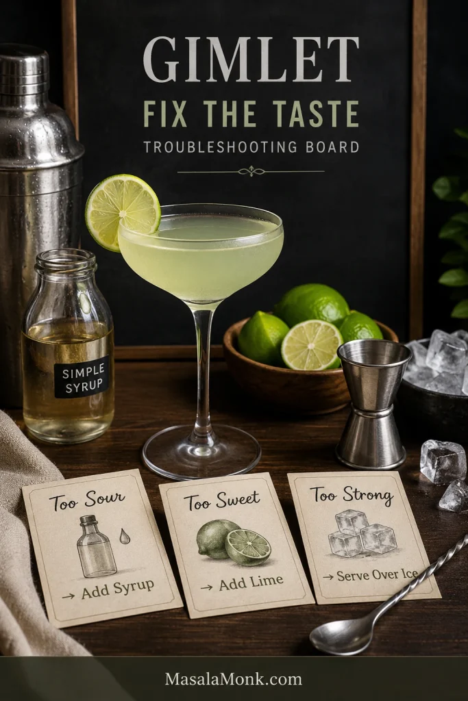 Gimlet troubleshooting board with cards reading Too Sour Add Syrup, Too Sweet Add Lime, and Too Strong Serve Over Ice.
