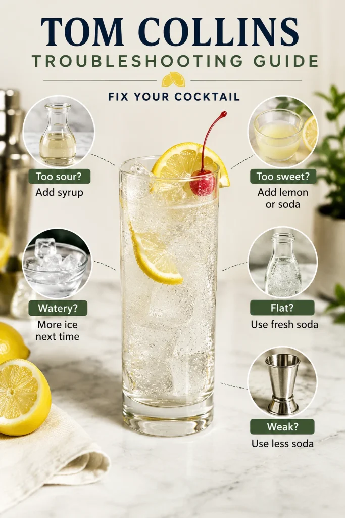 Tom Collins troubleshooting guide with a central cocktail and fix cues for drinks that are too sour, too sweet, flat, watery, or weak.