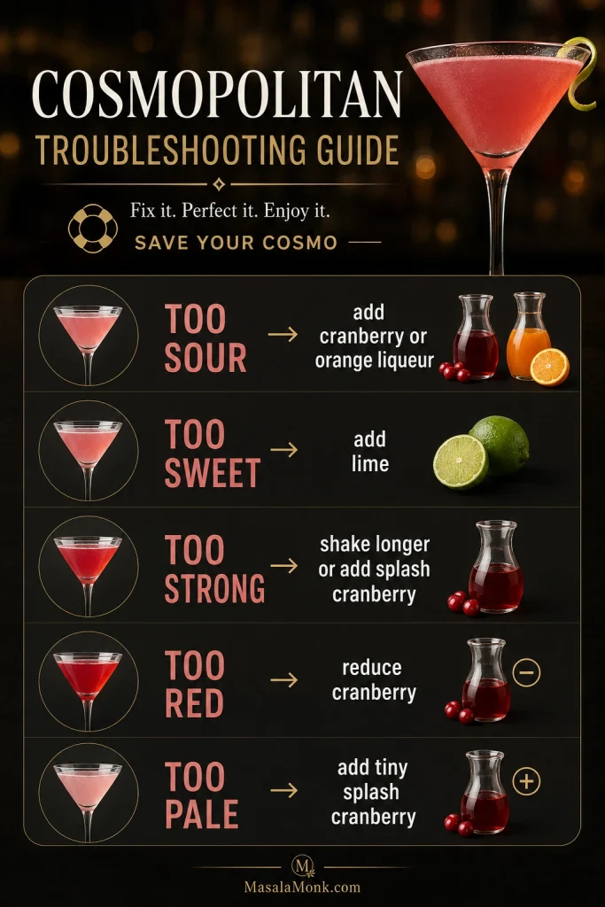 Cosmopolitan troubleshooting guide for a drink that is too sour, too sweet, too strong, too red, or too pale.