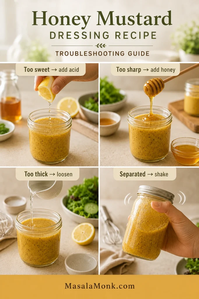 Troubleshooting guide showing lemon added to too-sweet dressing, honey added to too-sharp dressing, liquid added to too-thick dressing, and a jar shaken for separated dressing.