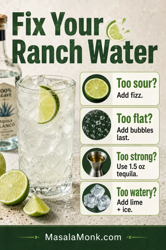 Troubleshooting guide titled Fix Your Ranch Water with four fixes for drinks that are too sour, too flat, too strong, or too watery.