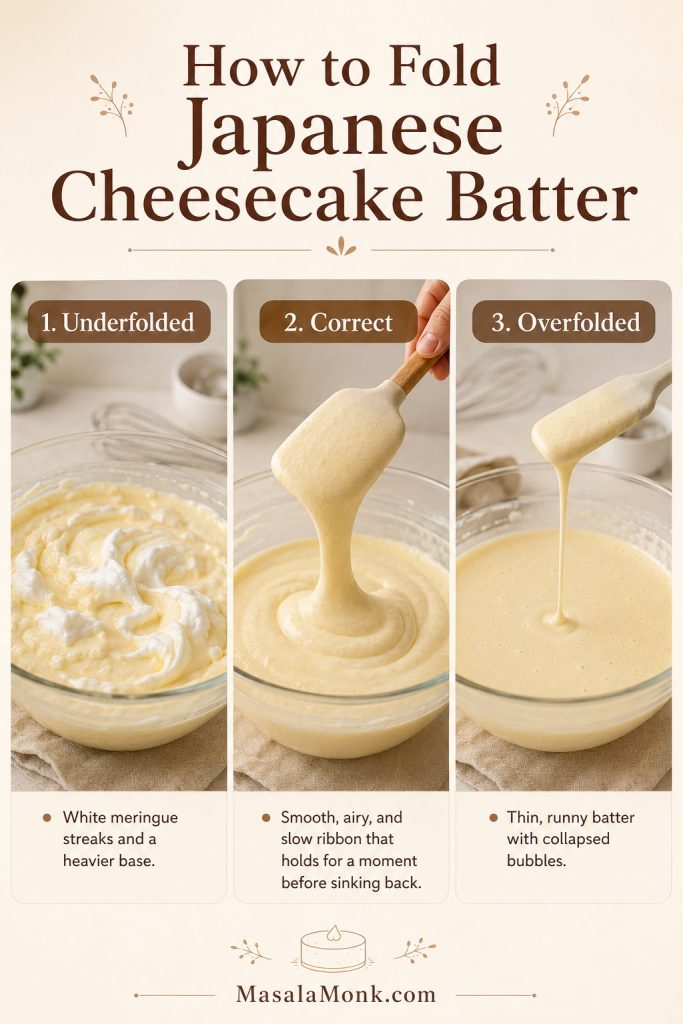 Three Japanese cheesecake batter examples showing underfolded streaky batter, correctly folded slow-flowing batter, and overfolded runny batter