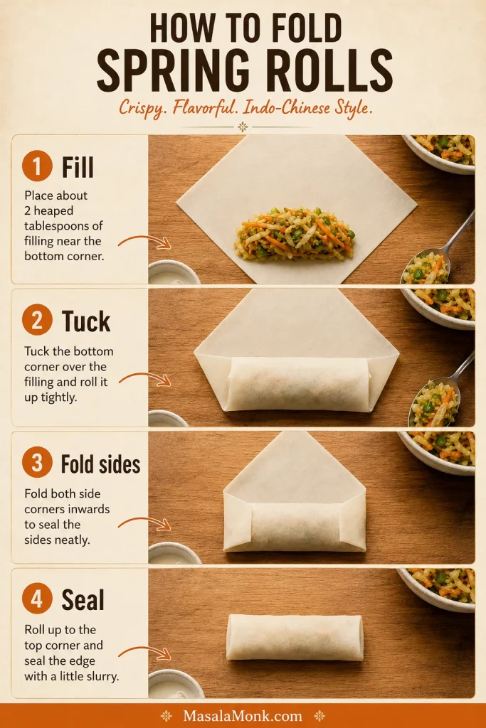 A four-step guide showing how to fill, tuck, fold the sides, and seal spring rolls.