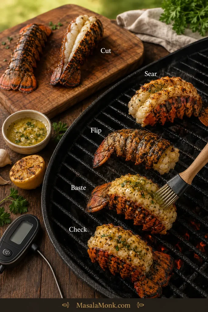 Step-by-step grilled lobster tail method showing cut, sear, flip, baste, and check stages.