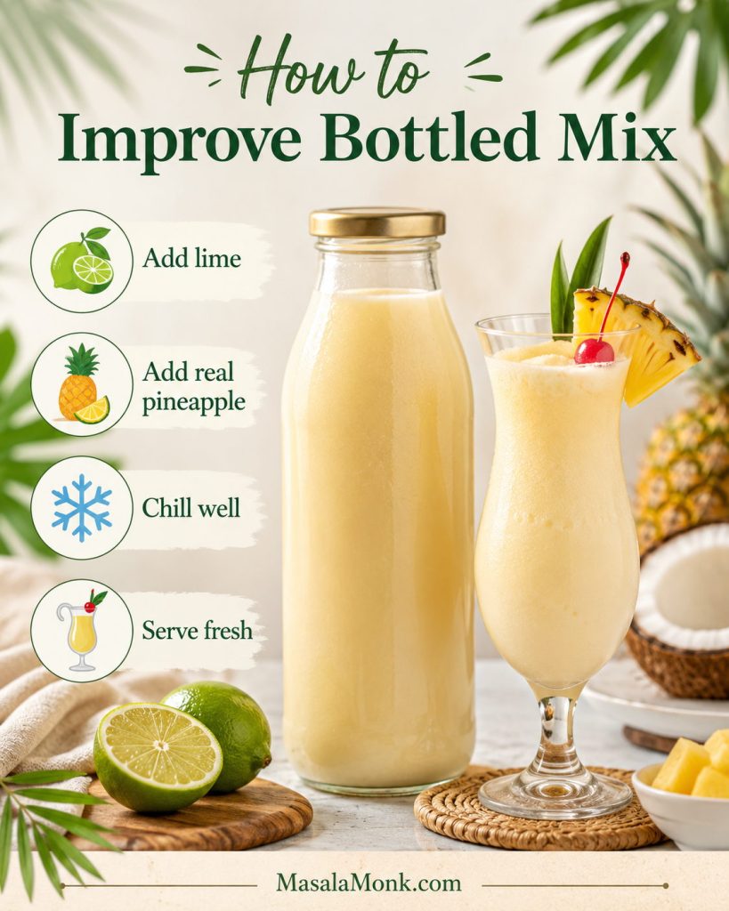 Guide to improving bottled pina colada mix with lime, real pineapple, chilling, and fresh serving cues.