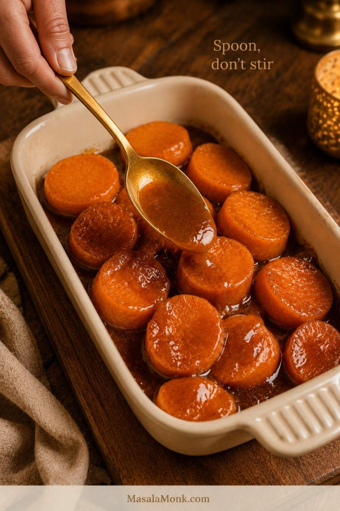 Spoon gently pouring sauce over intact canned yam pieces with visible text reading Spoon, don’t stir.