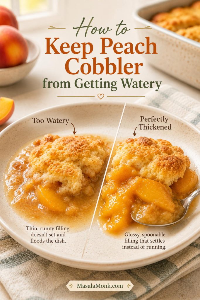 Comparison of watery peach cobbler filling and properly thickened peach cobbler filling on a plate.