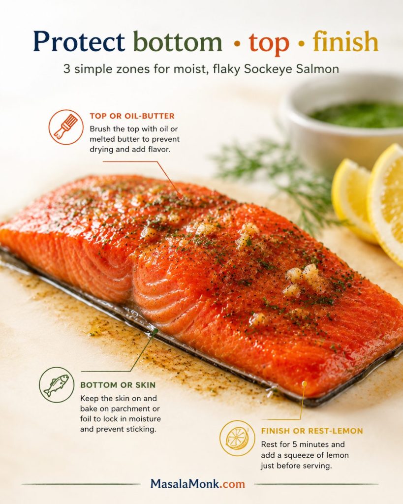 Moist baked sockeye salmon with labels showing how to protect the bottom, top, and finish.