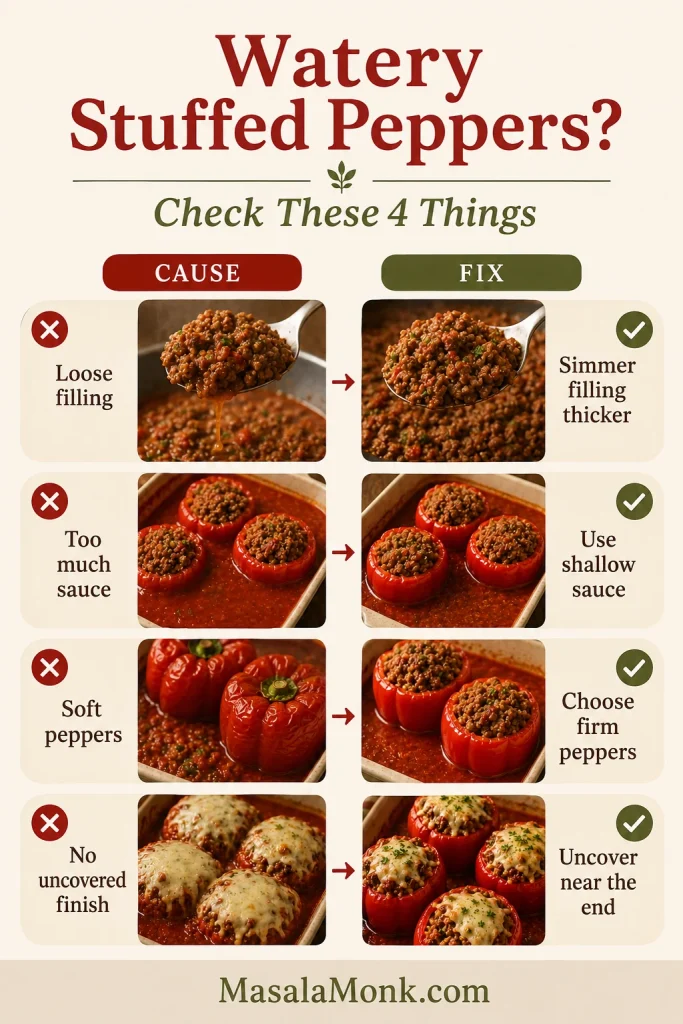 Infographic showing four causes and fixes for watery stuffed peppers, including loose filling, too much sauce, soft peppers, and no uncovered finish