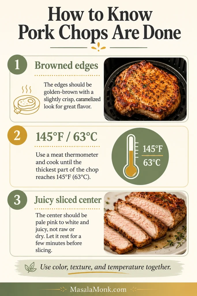 Doneness guide for air fryer pork chops showing browned edges, 145°F internal temperature, and a sliced cooked center.