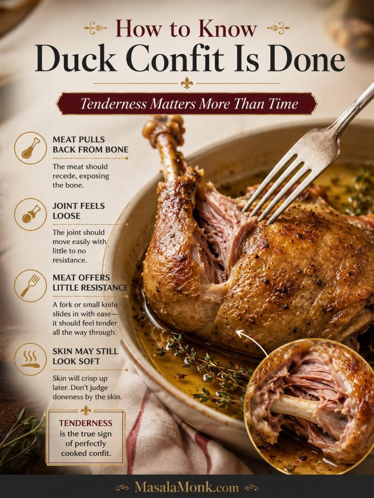 Cooked duck confit leg being tested with a fork, with tender meat, exposed bone, and a small close-up of pulled meat.