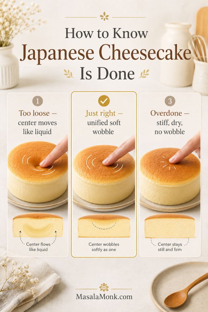 Doneness guide for Japanese cheesecake comparing a too-loose center, a just-right unified soft wobble, and an overdone stiff cake