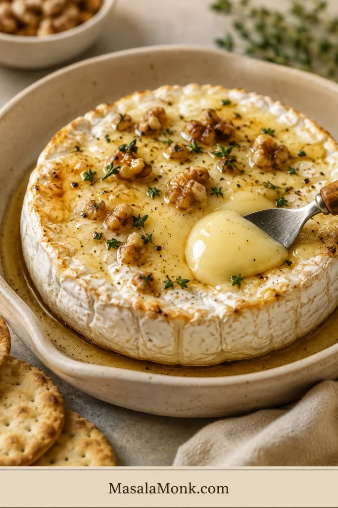 Perfectly done baked brie with relaxed edges, a soft center, walnuts, thyme, and a serving knife in a shallow dish.