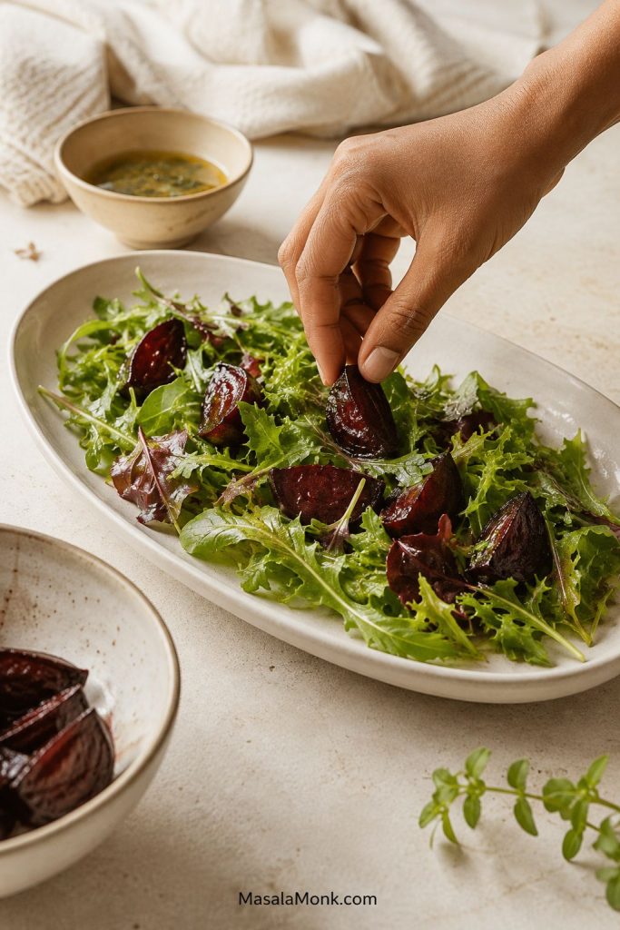 Hand placing roasted beet wedges over lightly dressed greens on a cream platter.