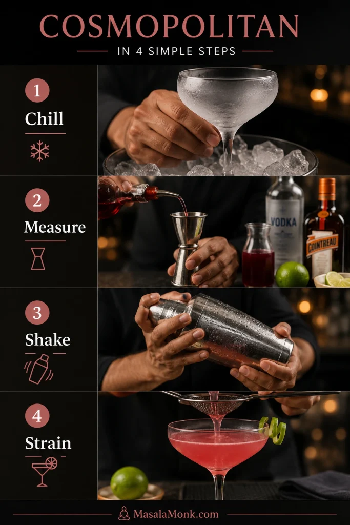 Four-step Cosmopolitan process guide showing a chilled glass, measured ingredients, cocktail shaker, and strained pink drink.