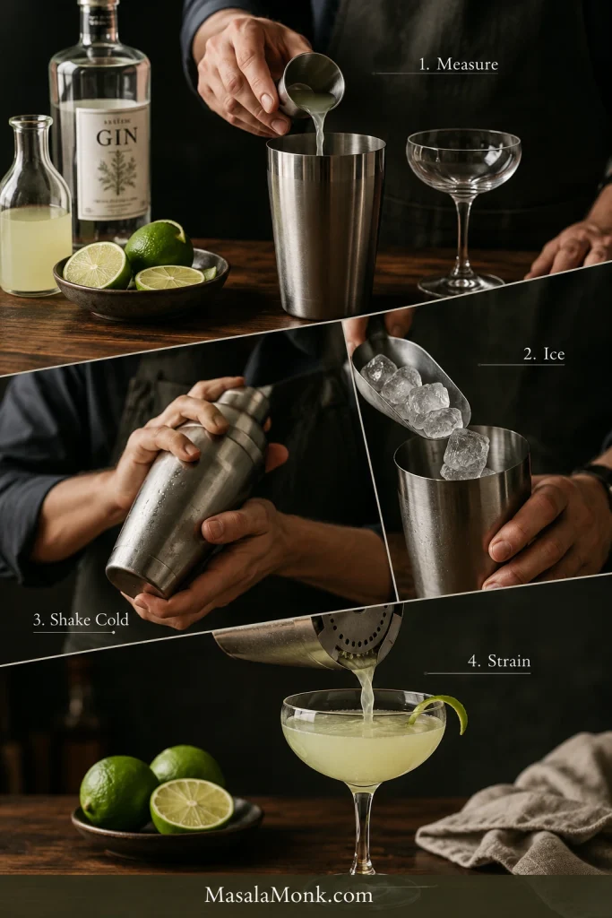 Four-step Gimlet process labeled Measure, Ice, Shake Cold, and Strain, with jigger, shaker, ice, lime, and coupe glass.