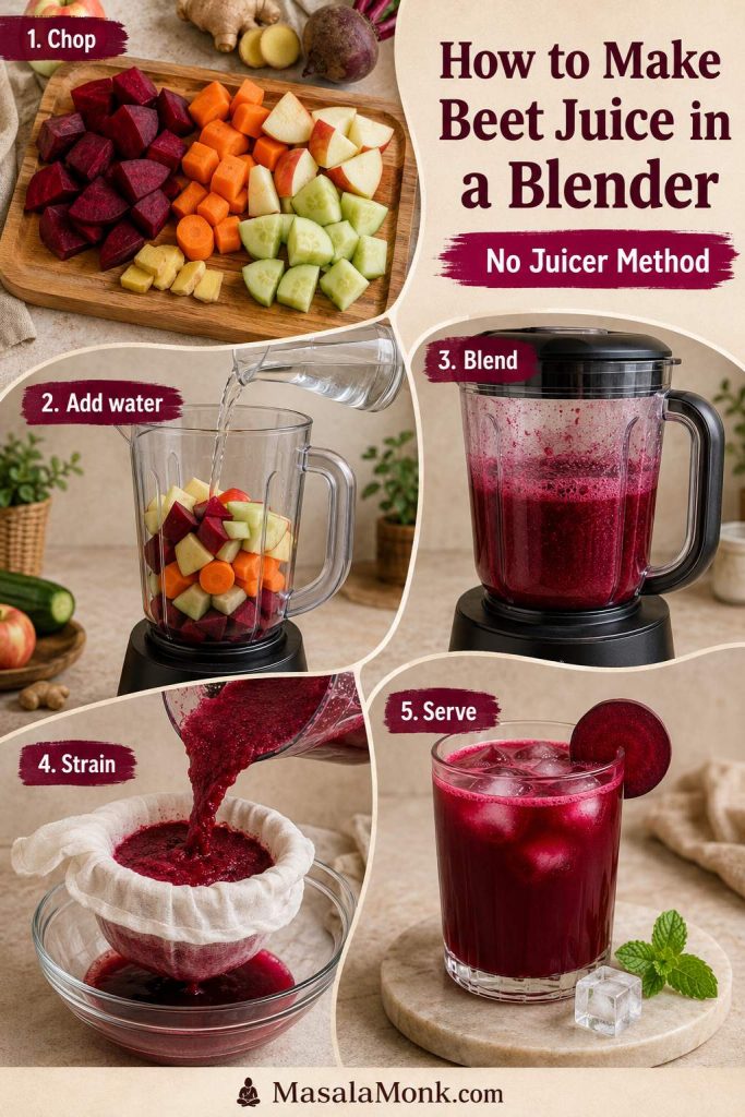 Step-by-step blender method showing chopped beetroot, carrot, apple, cucumber, and ginger, water added to a blender, blended beet puree, straining, and a final glass of juice.