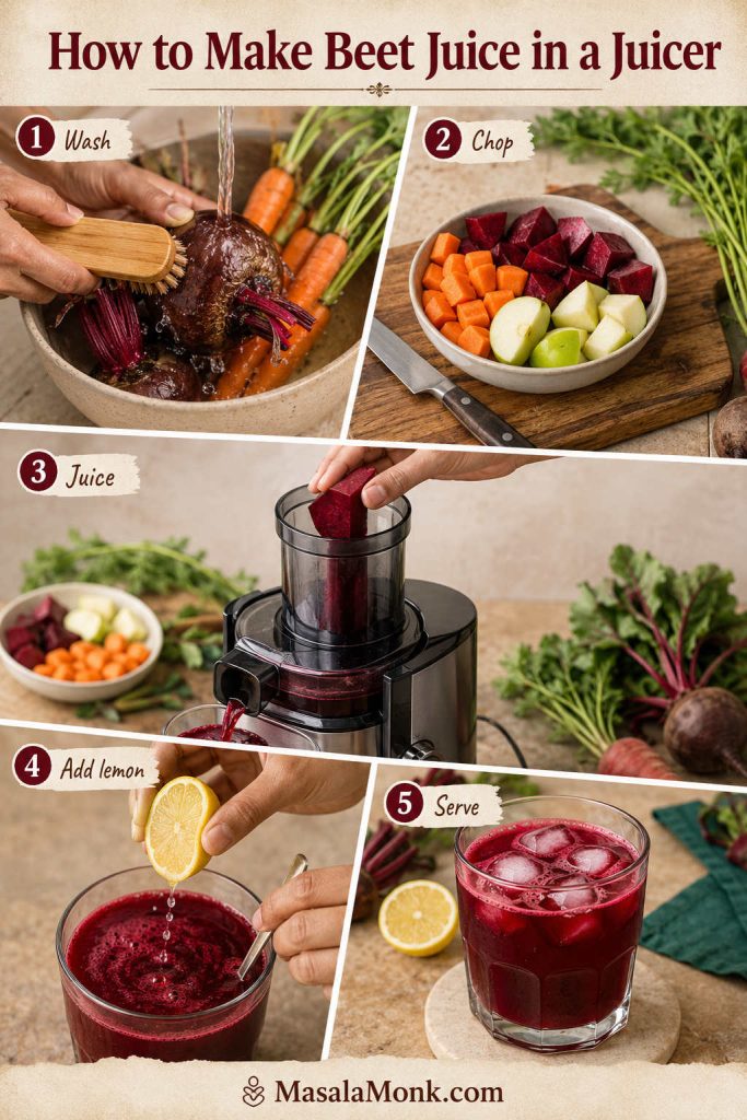 Step-by-step juicer method showing beets and carrots being washed, chopped produce, beetroot going into a juicer, lemon added to juice, and beet juice served over ice.