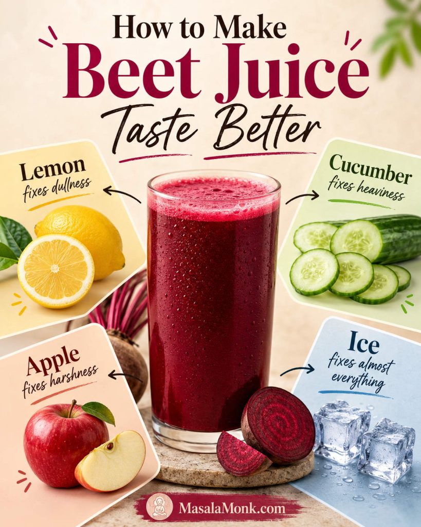 Beet juice taste-fix graphic with lemon, cucumber, apple, and ice around a glass of beet juice.