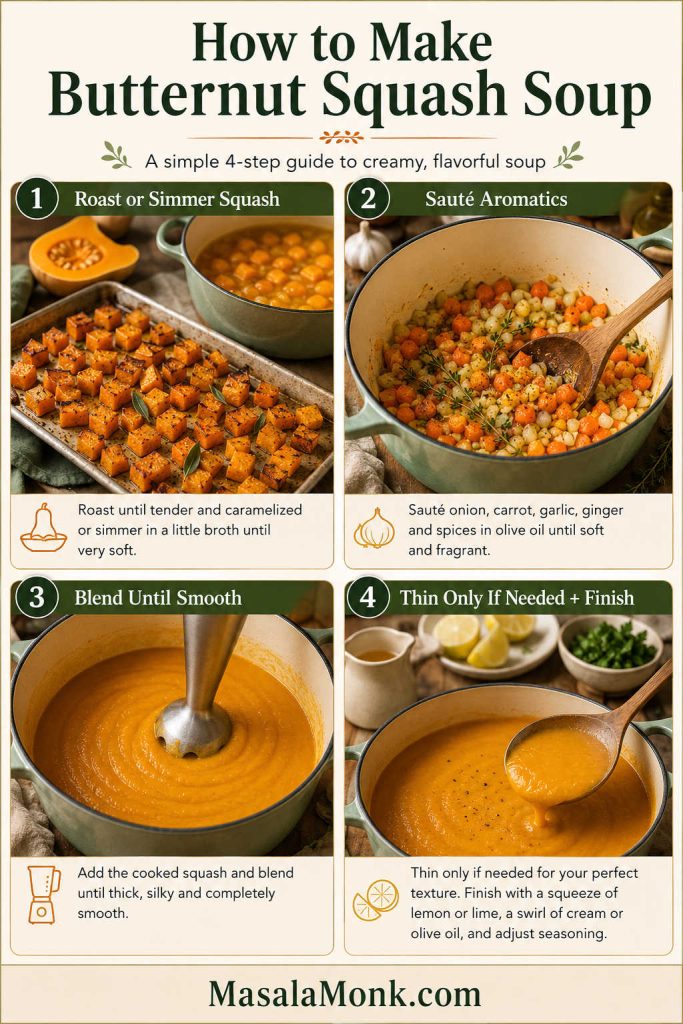 Four-step guide showing roasted or simmered squash, sautéed aromatics, blended smooth soup, and finished soup thinned only if needed.