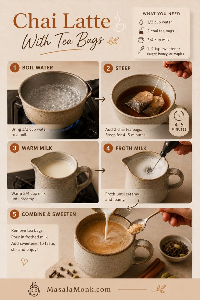 Step-by-step chai latte with tea bags guide showing boiling water, steeping two chai tea bags, warming milk, frothing milk, and combining the drink.