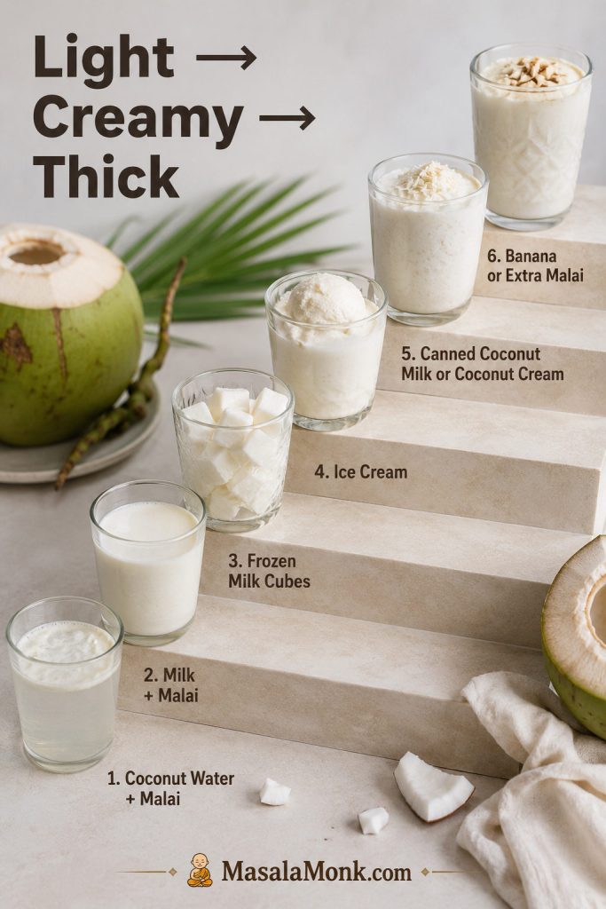 Texture ladder showing coconut shake styles from light coconut water to thicker milk, ice cream, coconut cream, and banana versions.