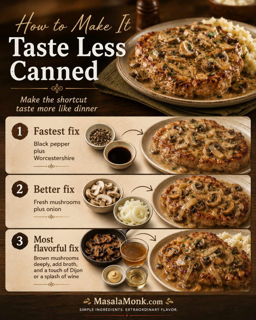 Three-level guide for making cream of mushroom pork chops taste less canned, with fastest fix, better fix, and most flavorful fix.