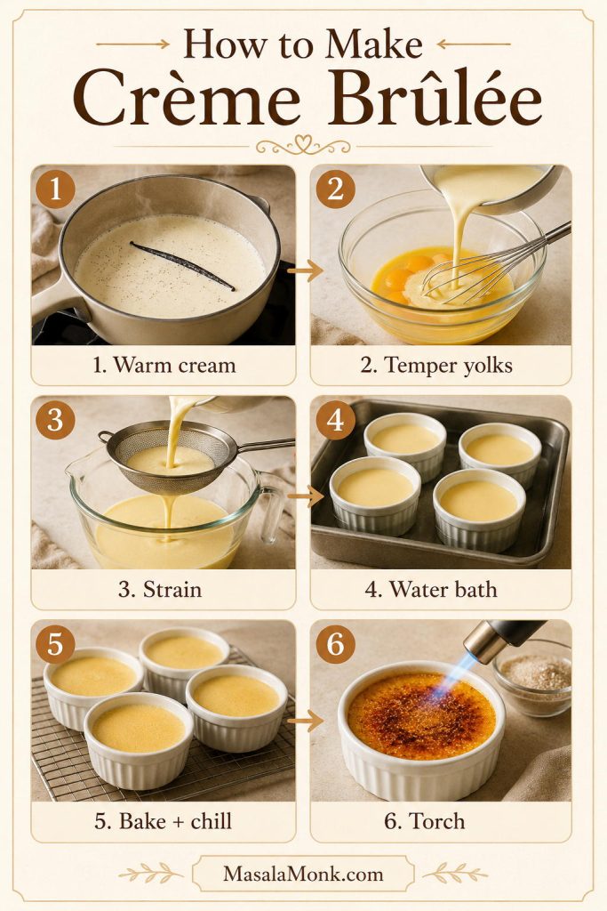 Step-by-step crème brûlée process board showing warm cream, temper yolks, strain, water bath, bake and chill, and torch.