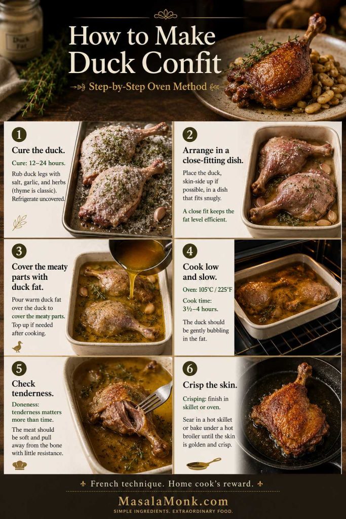 Step-by-step duck confit guide showing curing, arranging in a close dish, adding duck fat, slow cooking, checking tenderness, and crisping.