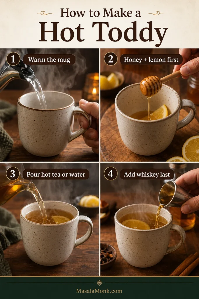 Four-step hot toddy process showing a mug being warmed, honey and lemon being added, hot tea or water being poured, and whiskey being added last.