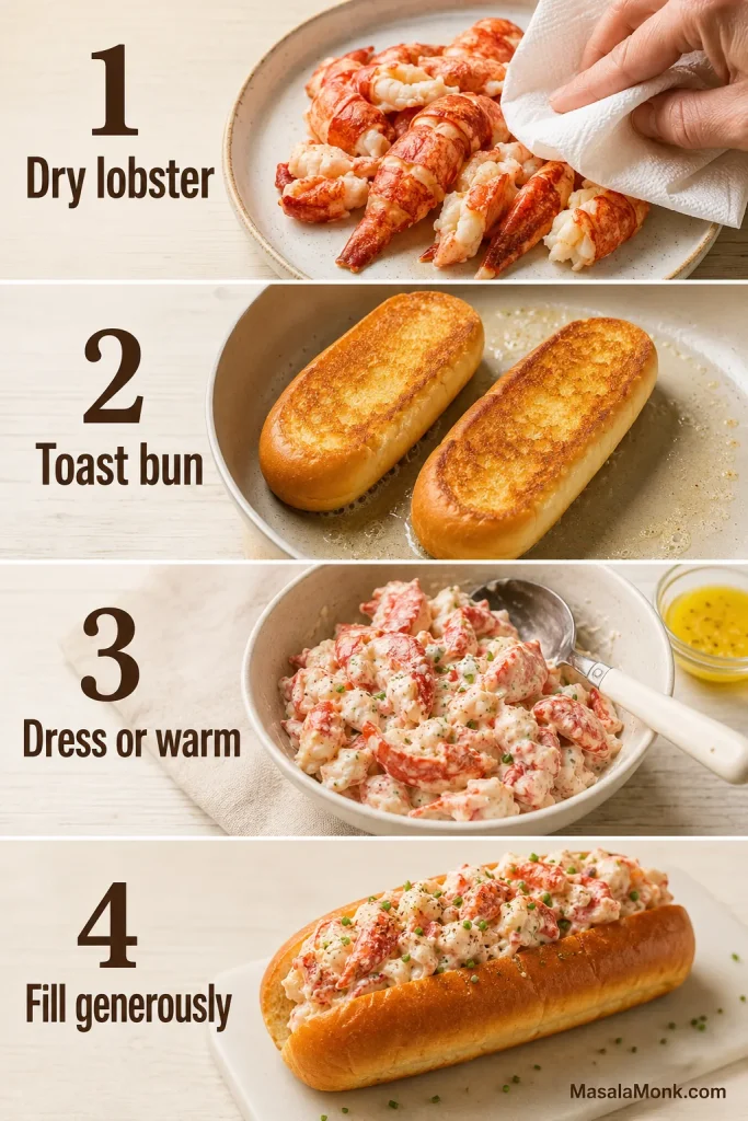 Four-step process image showing cooked lobster being dried, buns being toasted, lobster being dressed or warmed, and a bun being filled generously.