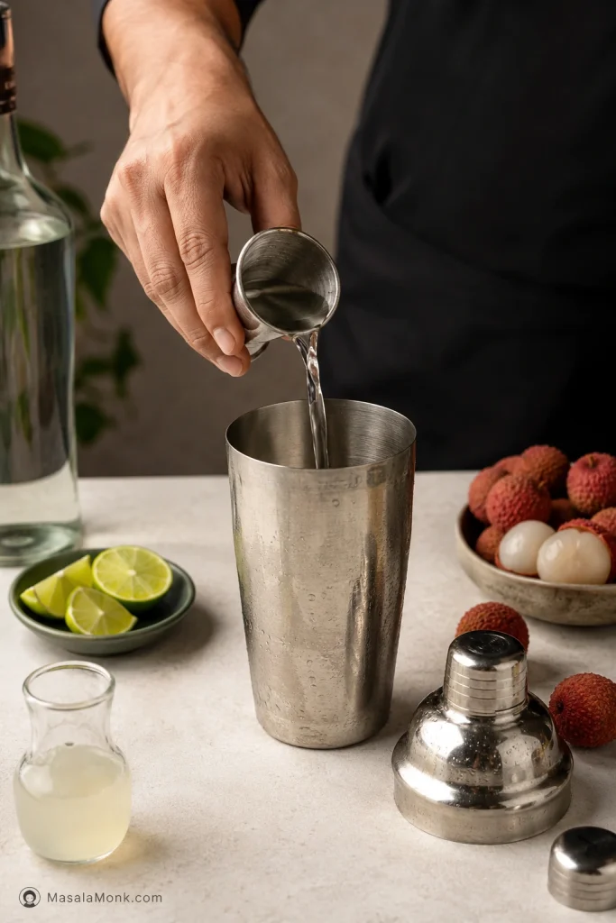 Hand pouring liquid from a jigger into a cocktail shaker while making a lychee martini.
