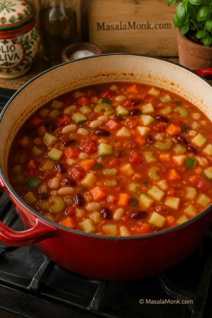 Minestrone soup base in a Dutch oven with tomato broth, beans, carrots, celery, and firm vegetables before pasta and greens are added.