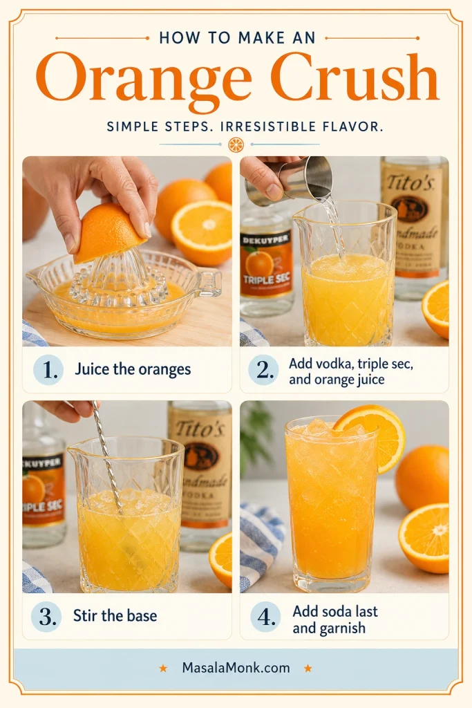 Step-by-step Orange Crush guide with panels showing oranges juiced, vodka and triple sec added, the base stirred, and soda added last with garnish.