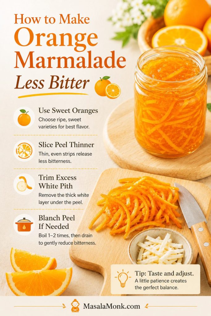 Guide showing sweet oranges, thin orange peel strips, trimmed white pith, and blanching tips for less bitter orange marmalade.
