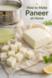 Fresh homemade paneer block on muslin with cut paneer cubes, pale whey in a glass bowl, and a milk pot in the background.