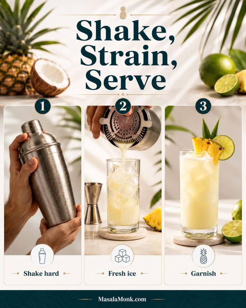Three-step on-the-rocks pina colada guide showing shake hard, strain over fresh ice, and garnish.