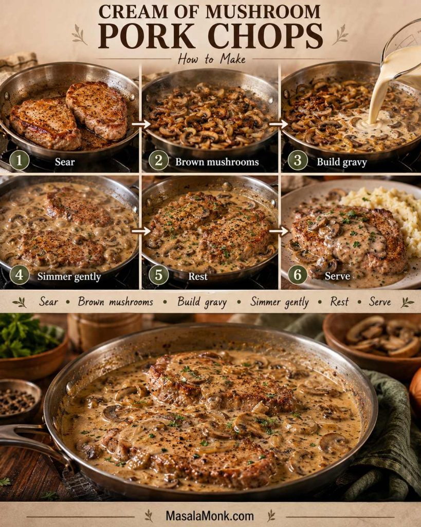 Step-by-step image showing pork chops being seared, mushrooms browning, gravy being built, pork chops simmering gently, resting, and serving.