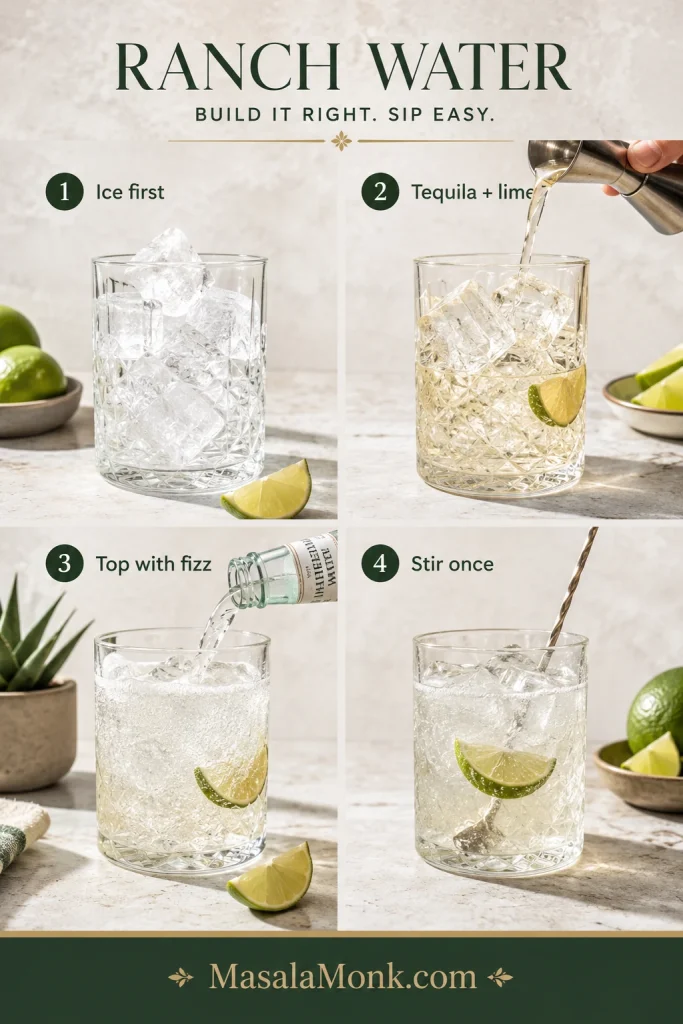 Step-by-step Ranch Water process showing ice, tequila, lime juice, sparkling water, and a final gentle stir in a glass.