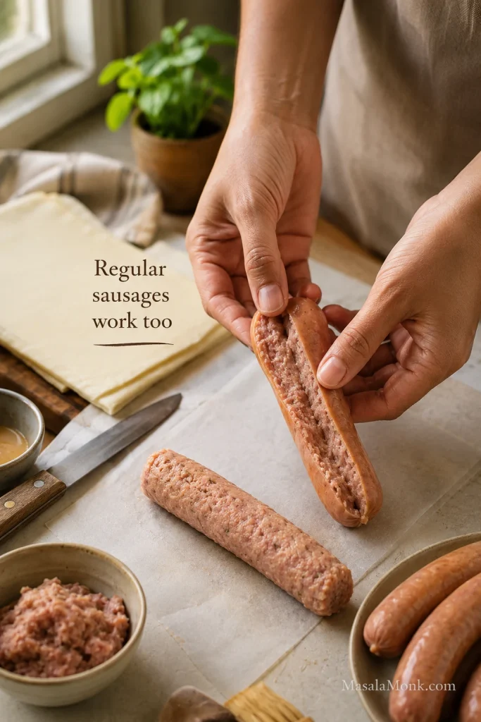 Hands opening regular sausages and shaping the sausage meat into a log on a kitchen counter.