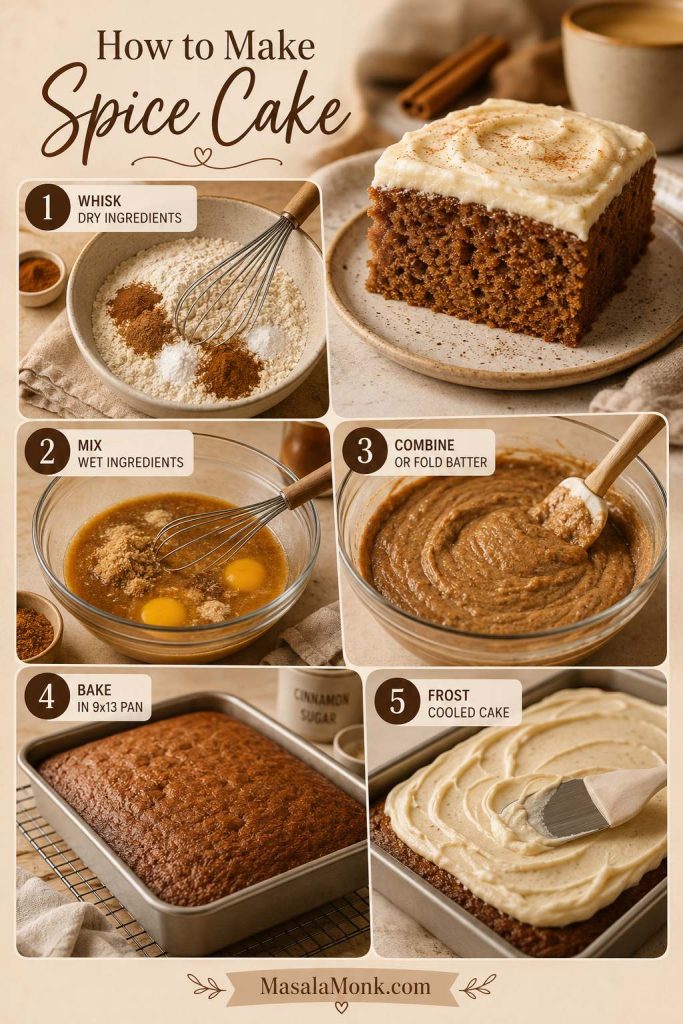 Step-by-step spice cake guide showing dry ingredients, wet ingredients, batter, baked 9x13 cake, and frosting being spread.