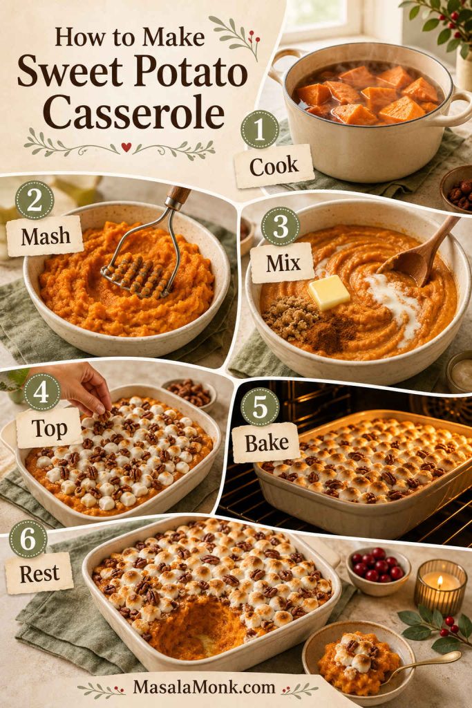 Step-by-step sweet potato casserole guide showing the sequence cook, mash, mix, top, bake, and rest