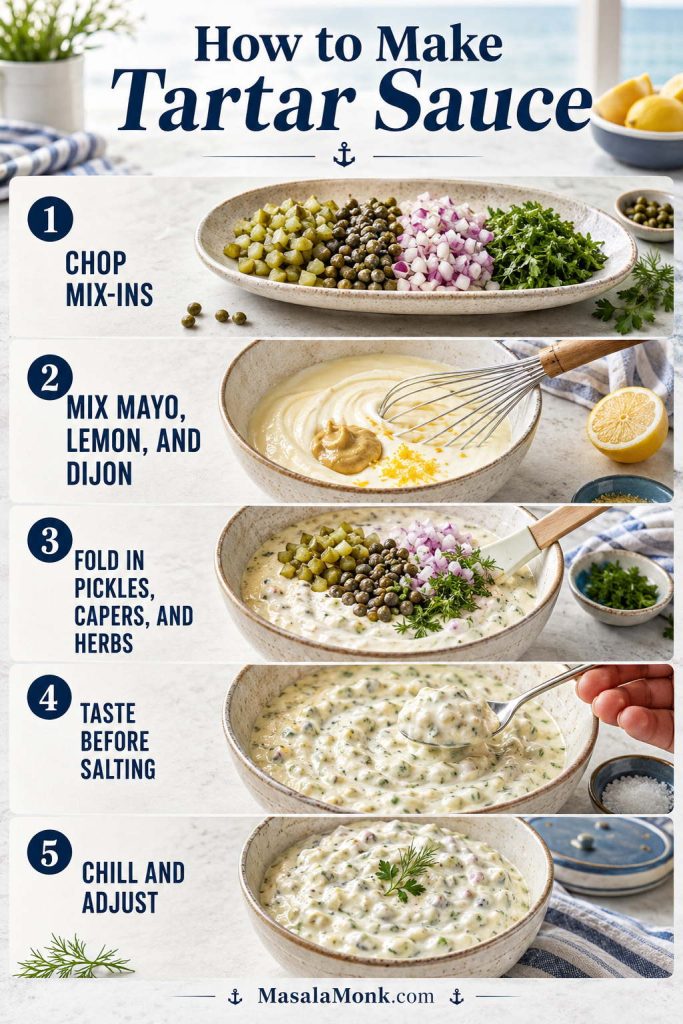 Step-by-step tartar sauce process showing chopped mix-ins, mayonnaise base, pickles, capers, herbs, tasting, chilling, and finished sauce