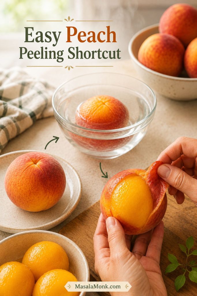 Peaches being scored, briefly blanched, and peeled as a shortcut for removing peach skins before making cobbler.