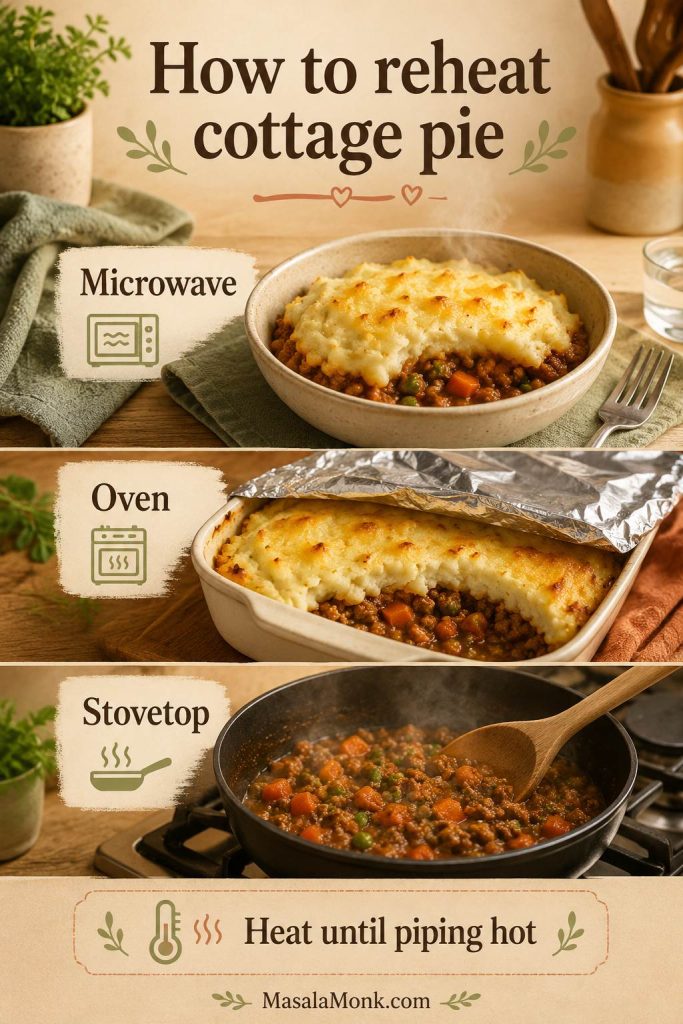 Reheating guide showing cottage pie warmed in the microwave, oven, and stovetop with a reminder to heat until piping hot.