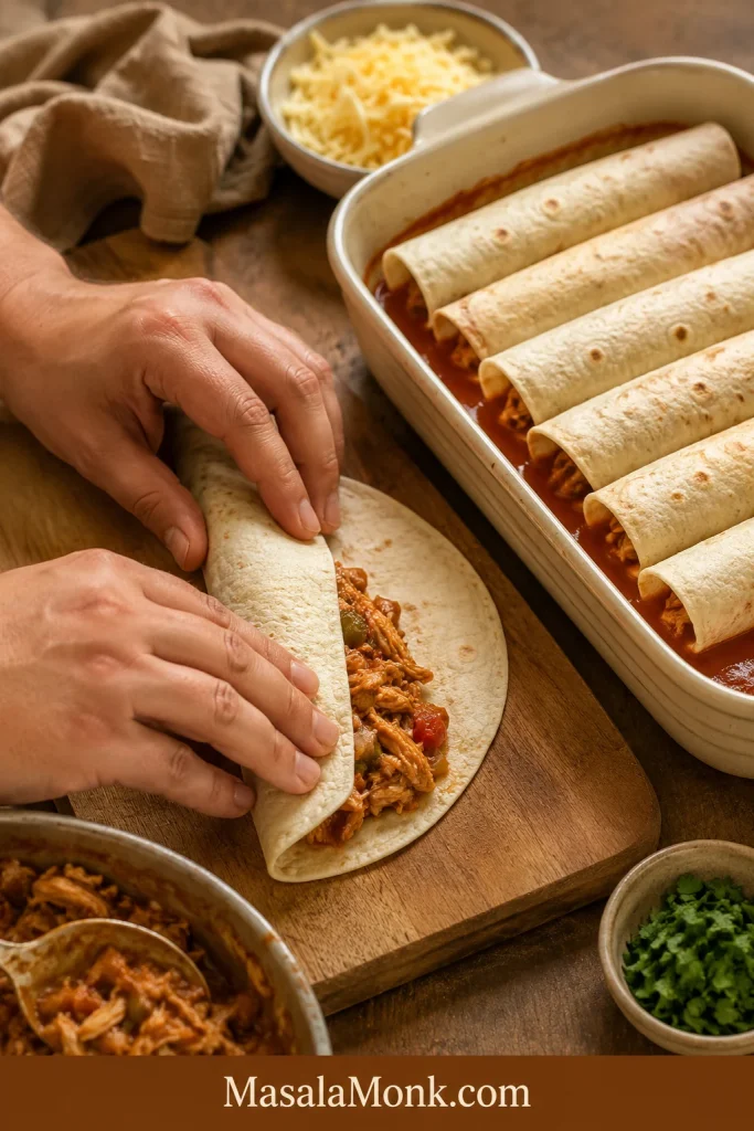 Hands rolling a tortilla around chicken enchilada filling beside a cream baking dish with rolled enchiladas arranged seam-side down.