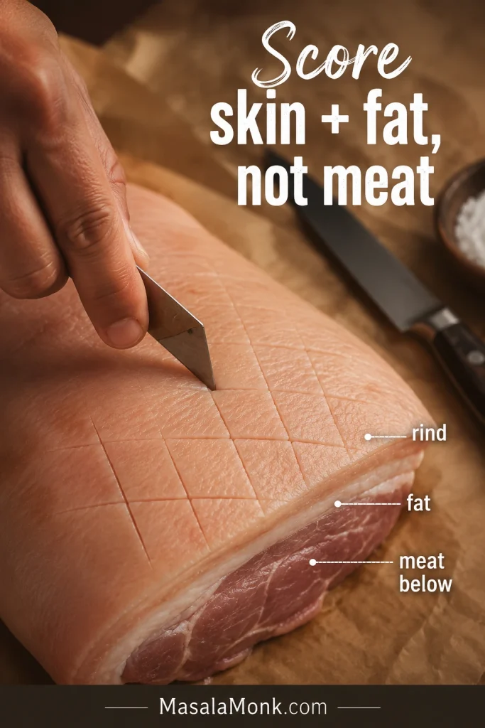 Close-up of pork leg rind being scored through the skin and fat, with labels showing rind, fat, and meat below.